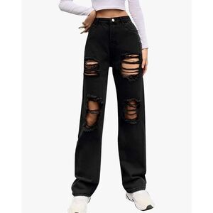 NEW Loose Ripped Boyfriend High Waist Distressed Wide Leg Jeans Y2K XL